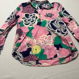 Women’s Talbots 1/4 Button Down Flora Abstract Long Sleeve Shirt 100% Cotton L